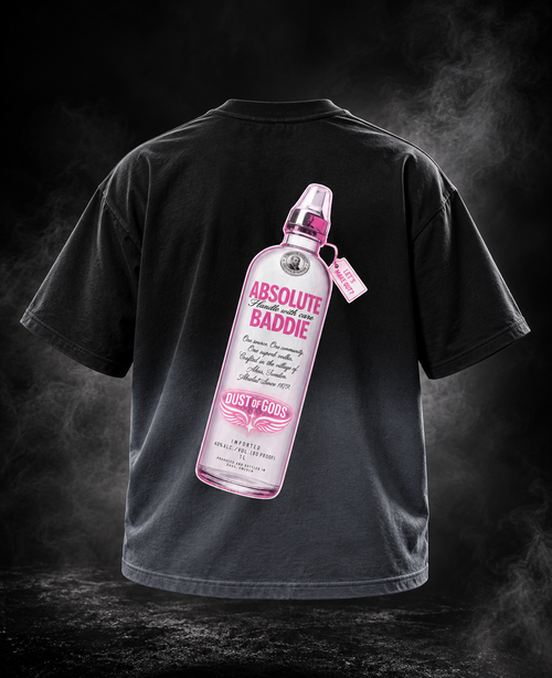 DUST OF GODS Absolute Baddie black boxy fit unisex T-shirt back with large pink bottle artwork