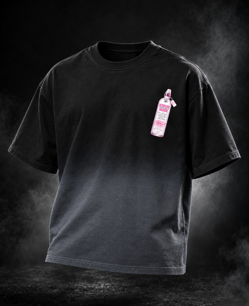 DUST OF GODS Absolute Baddie black boxy fit unisex T-shirt front with pink bottle graphic