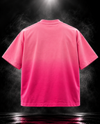 Aloha Ombre Love Boxy Fit Unisex T-Shirt by DUSTOFGODS in vibrant pink with large white beach graphic and Aloha chest mark.