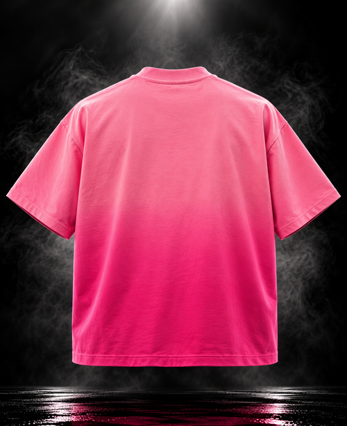 Aloha Ombre Love Boxy Fit Unisex T-Shirt by DUSTOFGODS in vibrant pink with large white beach graphic and Aloha chest mark.