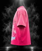 Aloha Ombre Love Boxy Fit Unisex T-Shirt by DUSTOFGODS, side-back view showing oversized pink boxy silhouette and sleeve construction.