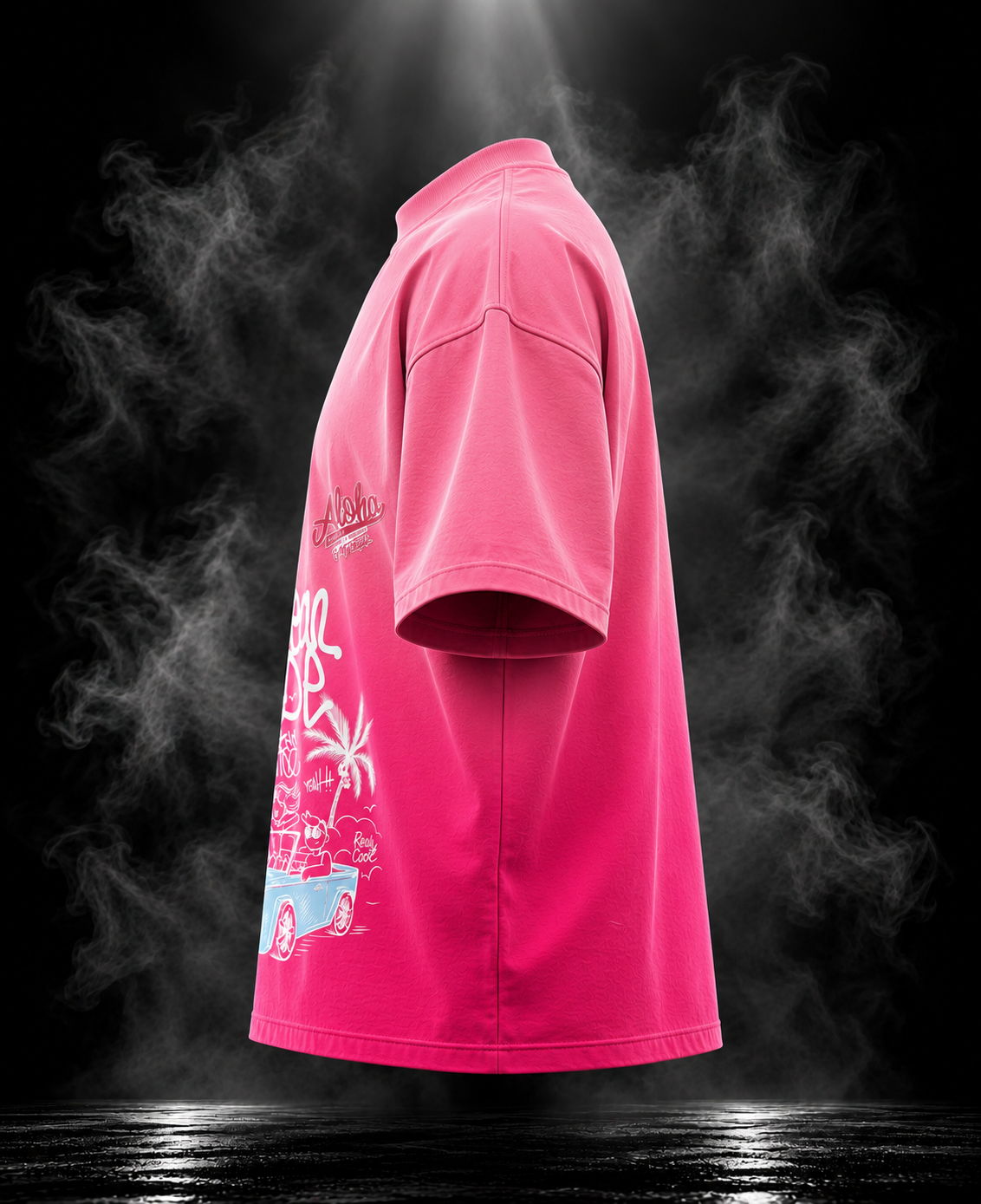 Aloha Ombre Love Boxy Fit Unisex T-Shirt by DUSTOFGODS, side-back view showing oversized pink boxy silhouette and sleeve construction.