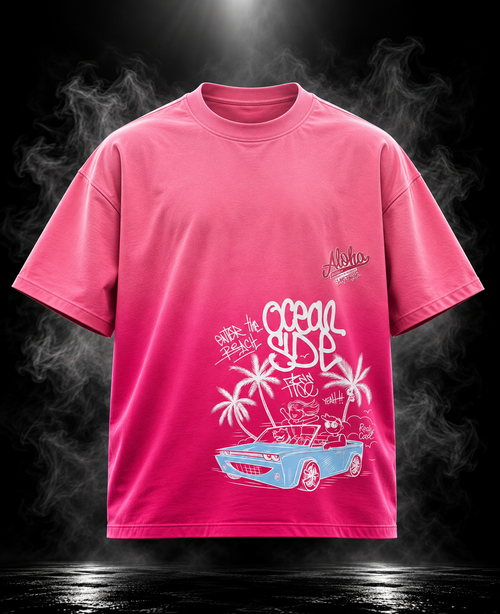 Aloha Ombre Love Boxy Fit Unisex T-Shirt by DUSTOFGODS, back view showing solid vibrant pink body and boxy silhouette.
