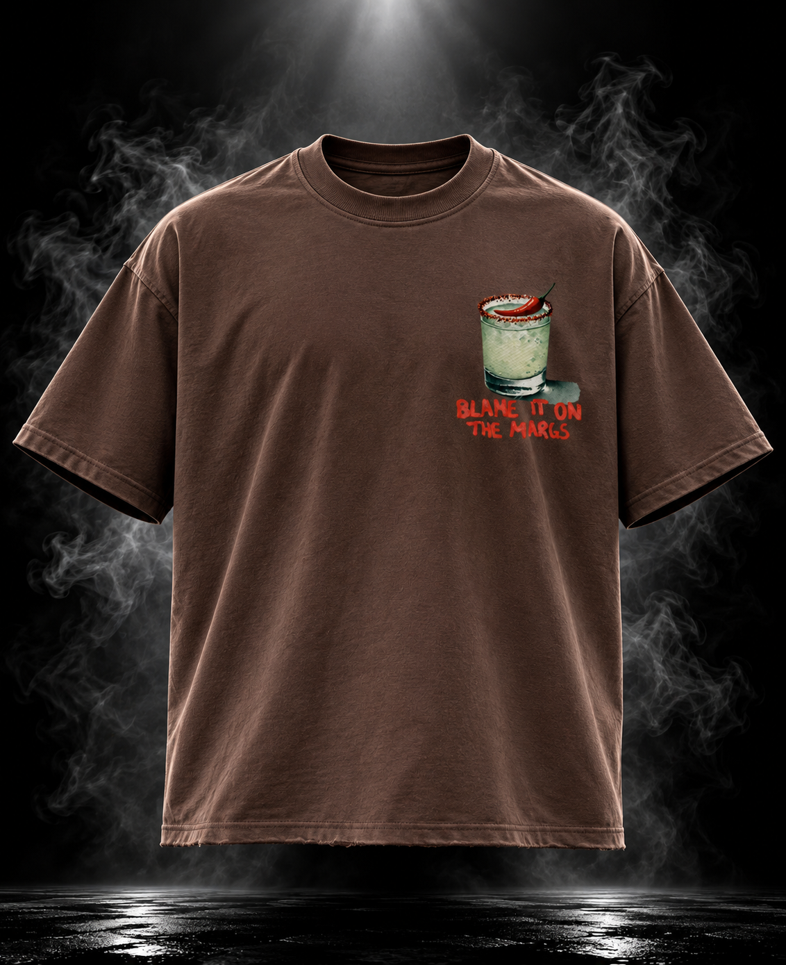 Blame Margs brown boxy fit unisex T-shirt with margarita graphic and chest text