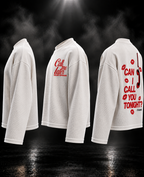 Call Me Later boxy waffle long sleeve T-shirt three-quarter view showing waffle texture and full sleeves