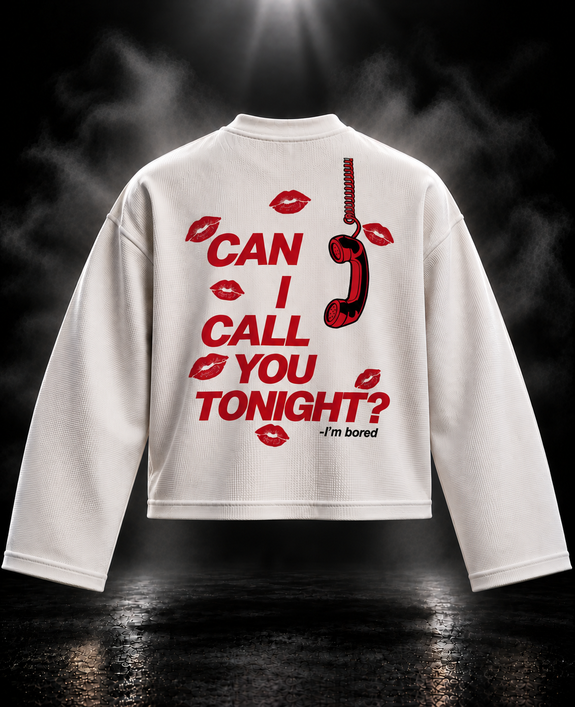 Call Me Later boxy waffle long sleeve T-shirt back in off-white with red phone and text graphic