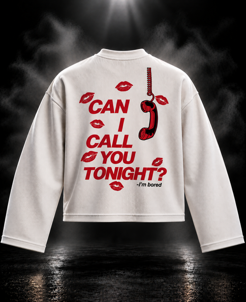 Call Me Later boxy waffle long sleeve T-shirt back in off-white with red phone and text graphic