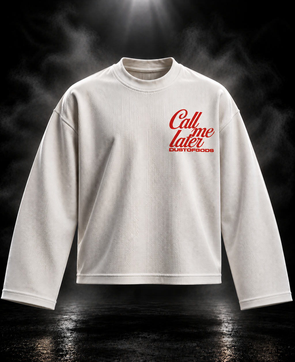 Call Me Later boxy waffle long sleeve T-shirt front in off-white with red chest graphic