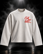 Call Me Later boxy waffle long sleeve T-shirt front in off-white with red chest graphic
