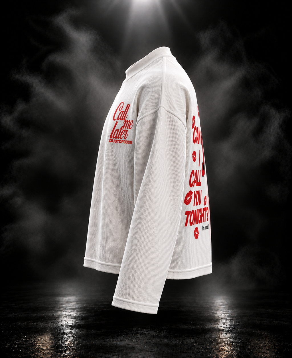Call Me Later boxy waffle long sleeve T-shirt side and back view in off-white with red graphic