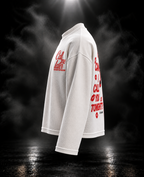Call Me Later boxy waffle long sleeve T-shirt side and back view in off-white with red graphic
