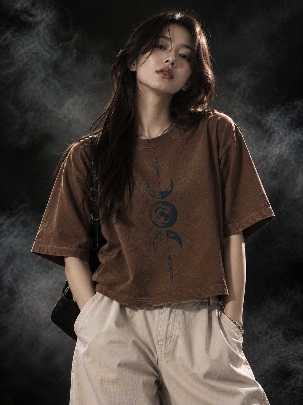 Celestial boxy fit unisex brown T-shirt styled on a model with celestial moon and globe graphic
