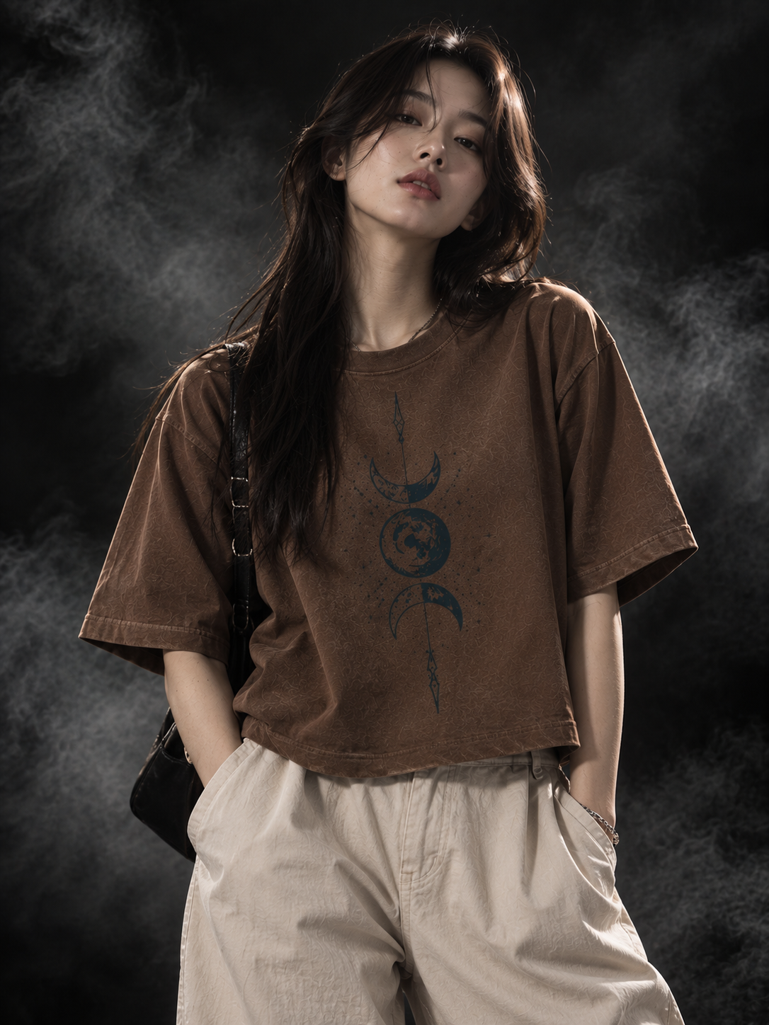 Celestial boxy fit unisex brown T-shirt styled on a model with celestial moon and globe graphic