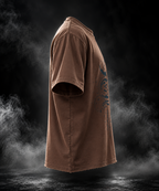 Celestial boxy fit unisex brown T-shirt side view highlighting oversized sleeve and relaxed cut