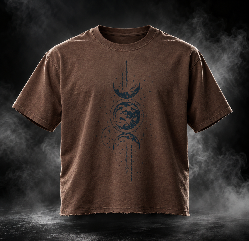 Celestial boxy fit unisex brown T-shirt front product view with moon and globe graphic