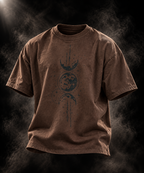 Celestial boxy fit unisex brown T-shirt front close-up showing celestial artwork and ribbed neckline