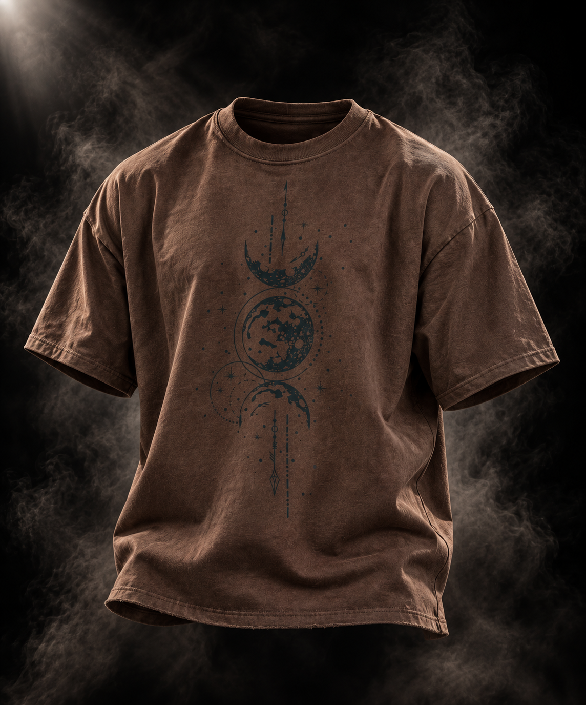 Celestial boxy fit unisex brown T-shirt front close-up showing celestial artwork and ribbed neckline