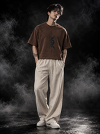 Celestial boxy fit unisex brown T-shirt full-body styling view with relaxed streetwear silhouette