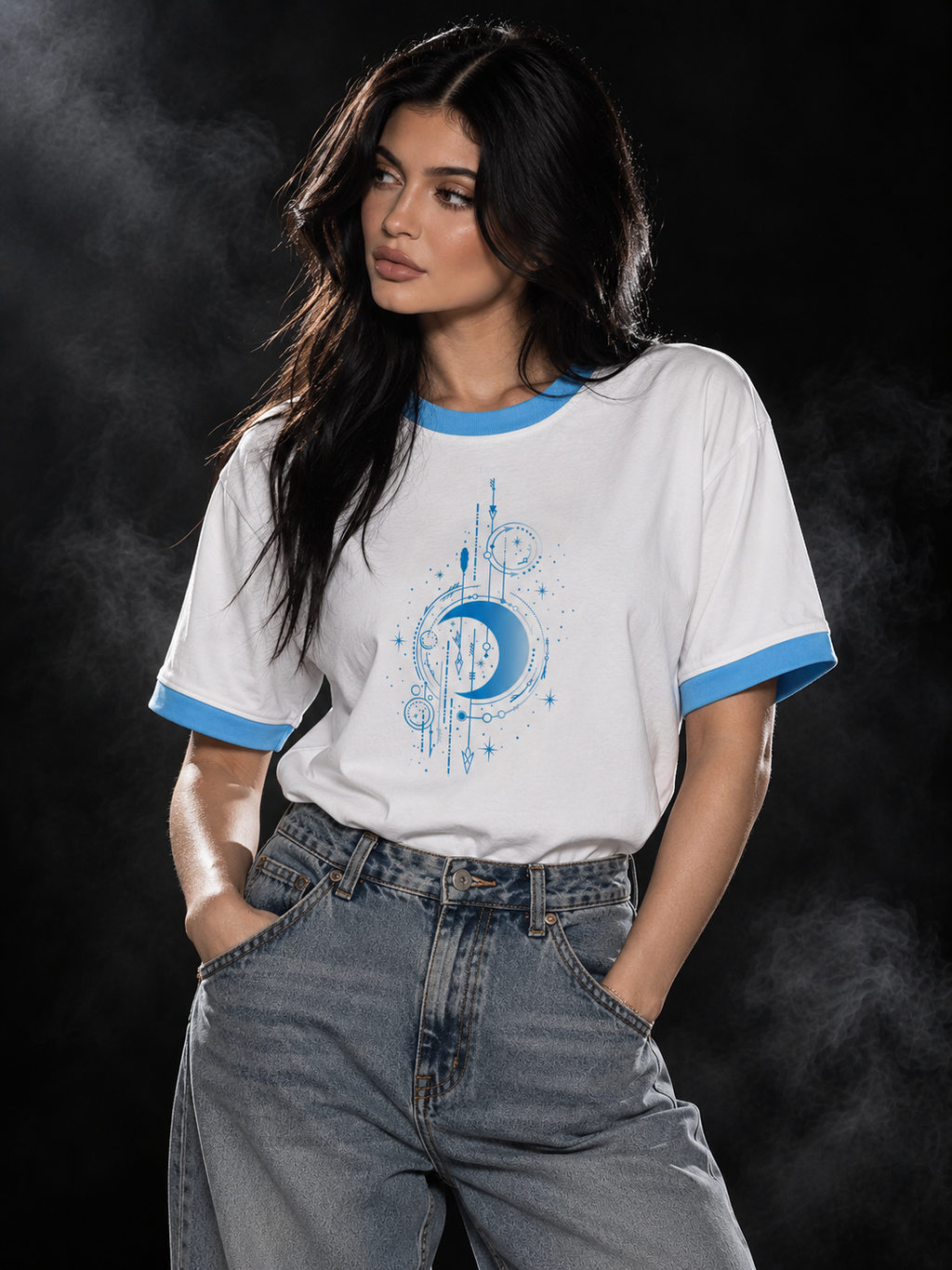 Celestial white and sky blue ringer unisex T-shirt back with large blue celestial graphic