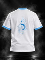 Celestial white and sky blue ringer unisex T-shirt model back with blue celestial graphic