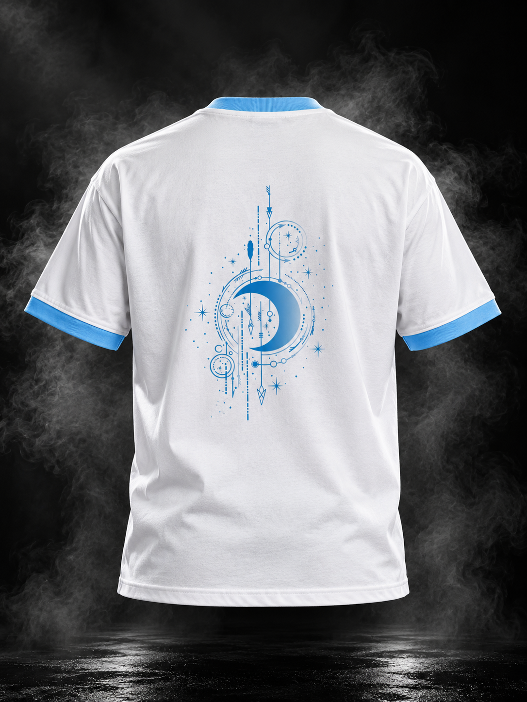 Celestial white and sky blue ringer unisex T-shirt model back with blue celestial graphic