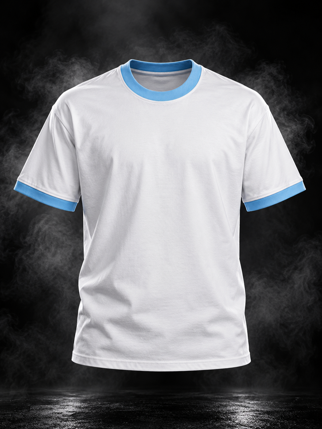 Celestial white and sky blue ringer unisex T-shirt three-quarter back view with blue celestial graphic