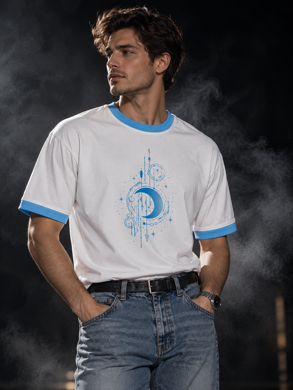 Celestial white and sky blue ringer unisex T-shirt alternate model back view with blue celestial graphic
