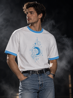 Celestial white and sky blue ringer unisex T-shirt alternate model back view with blue celestial graphic