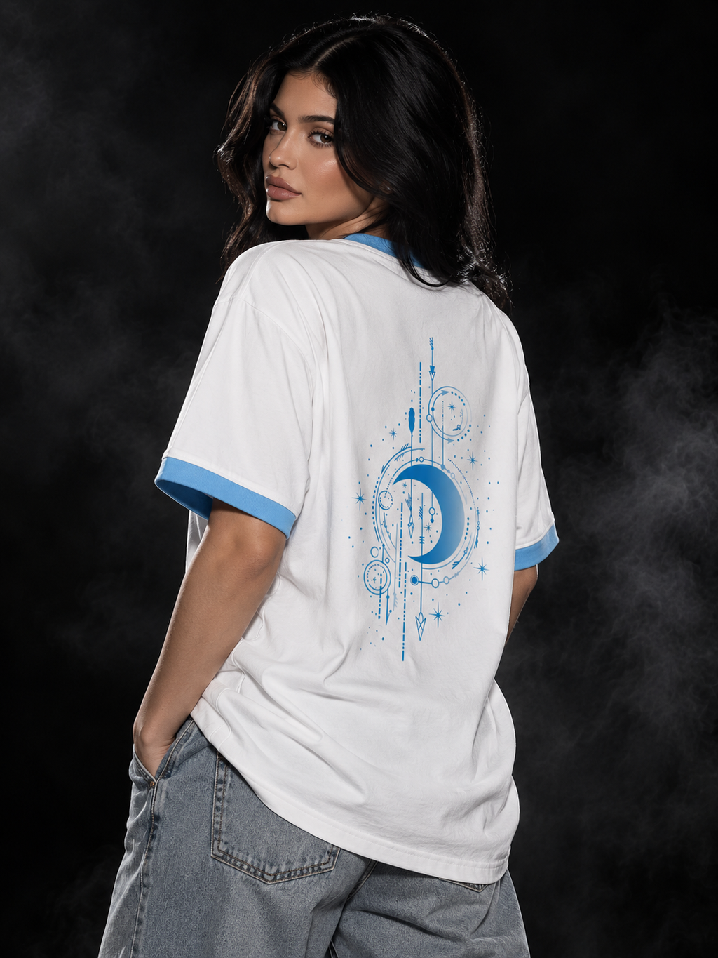 Celestial white and sky blue ringer unisex T-shirt model styling with blue celestial chest graphic