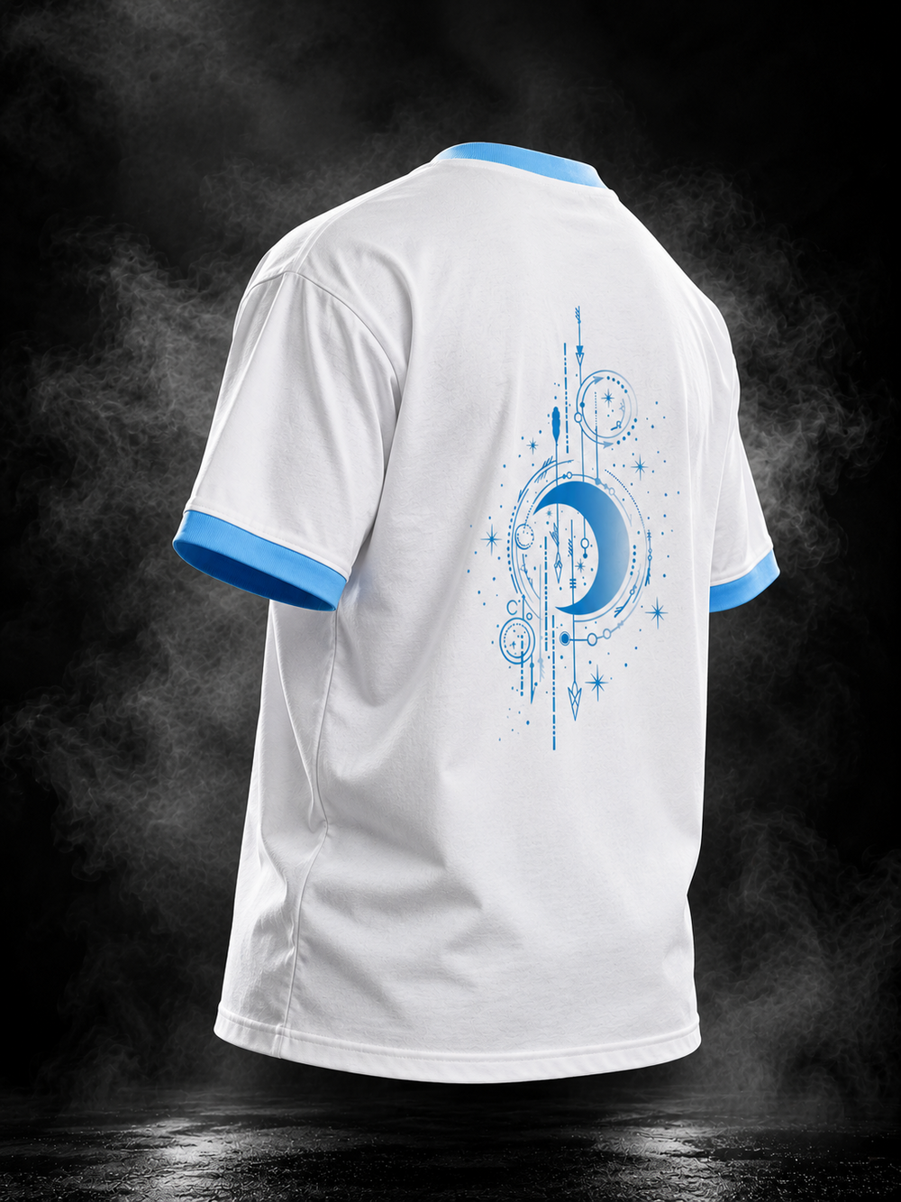 Celestial white and sky blue ringer unisex T-shirt model front with blue celestial graphic