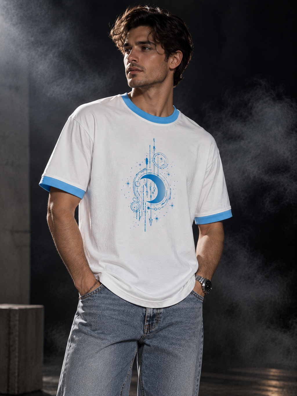 Celestial white and sky blue ringer unisex T-shirt three-quarter model view with blue celestial chest graphic