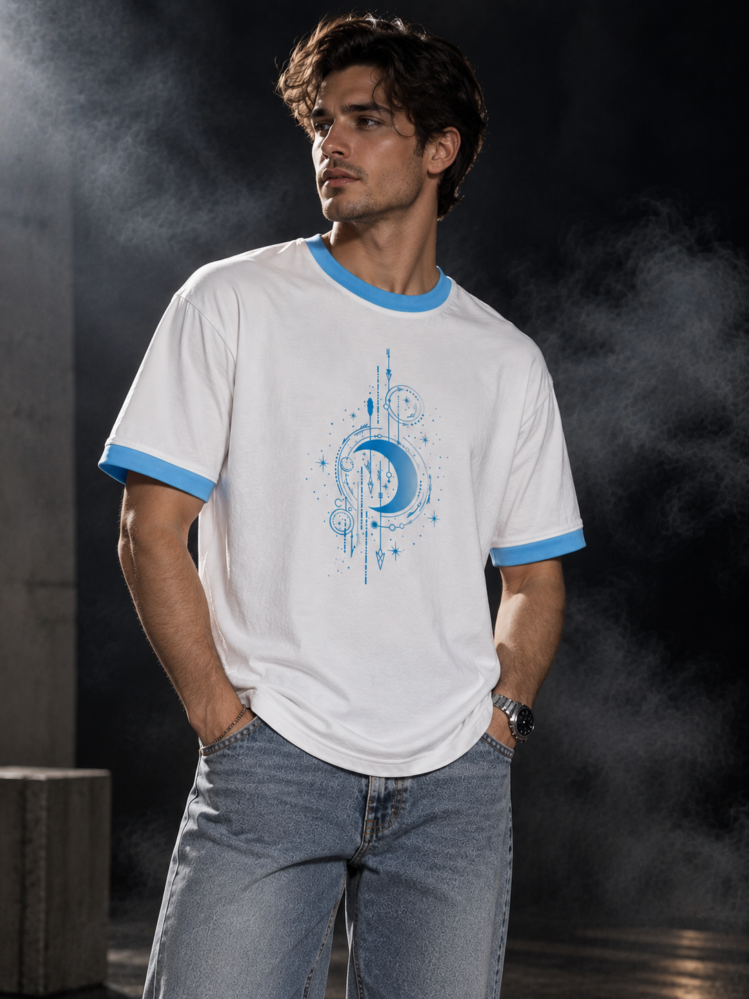 Celestial white and sky blue ringer unisex T-shirt three-quarter model view with blue celestial chest graphic