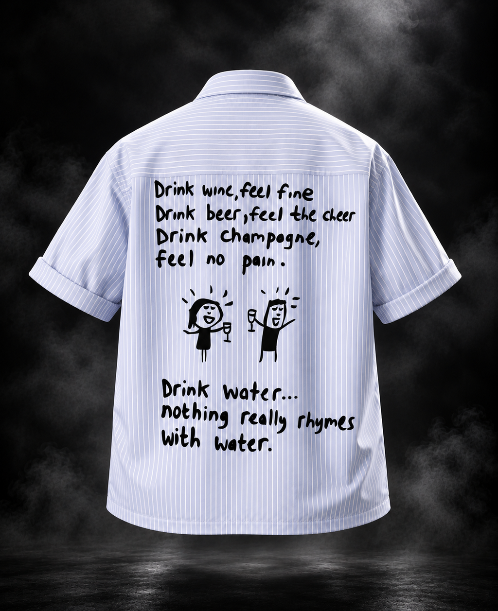 Drink Wine blue striped boxy fit unisex shirt full back view with illustrated quote and figures