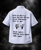 Drink Wine blue striped boxy fit unisex shirt full back view with illustrated quote and figures
