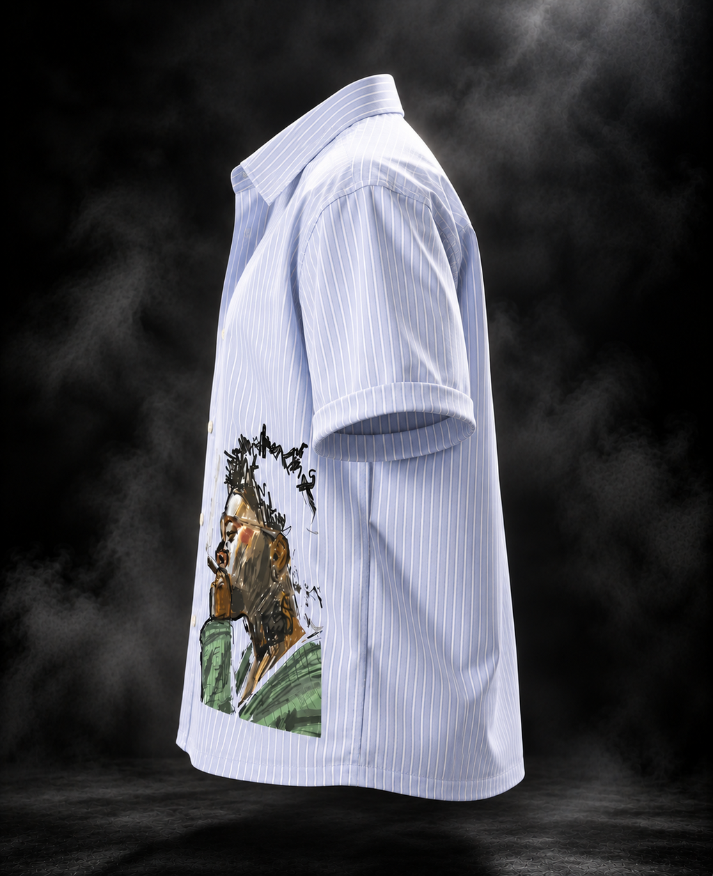 Drink Wine blue striped boxy fit unisex shirt side view with rolled sleeves and front illustration