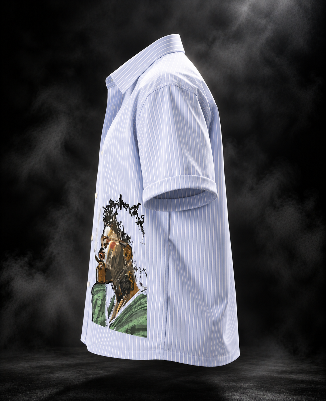 Drink Wine blue striped boxy fit unisex shirt side view with rolled sleeves and front illustration