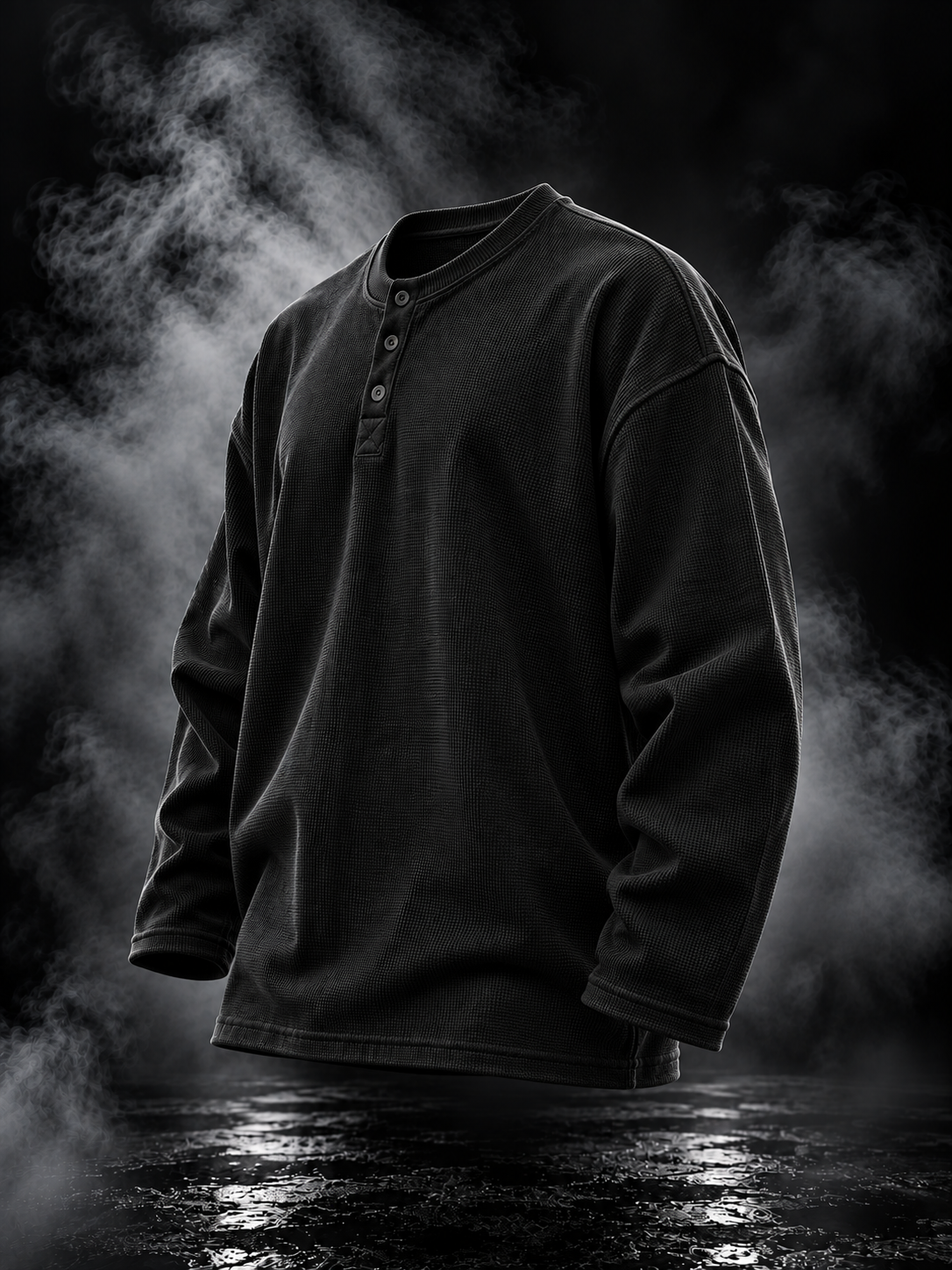 DUST OF GODS Originals Black Henley Waffle Knit Tshirt angled view