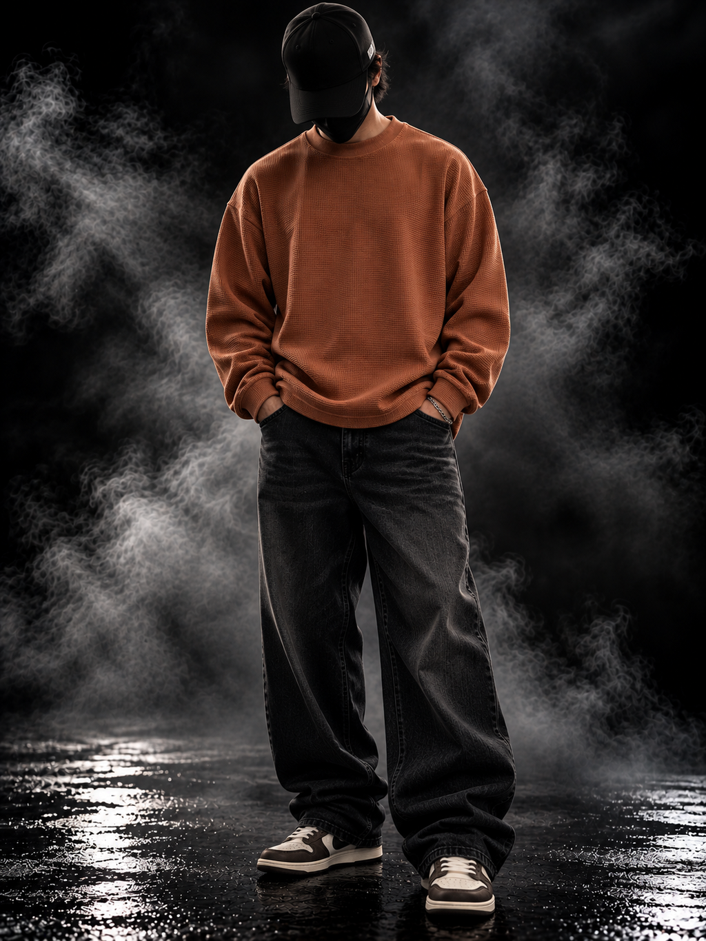 Dust of Gods Originals brown waffle knit oversized unisex full sleeve tshirt styled on model