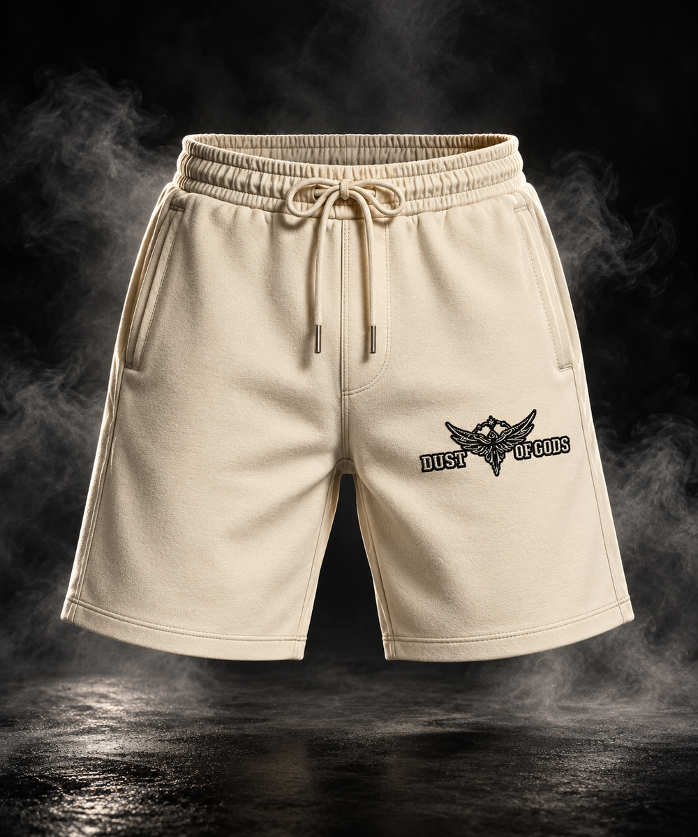 DUST OF GODS Originals off-white shorts front view with embroidered logo