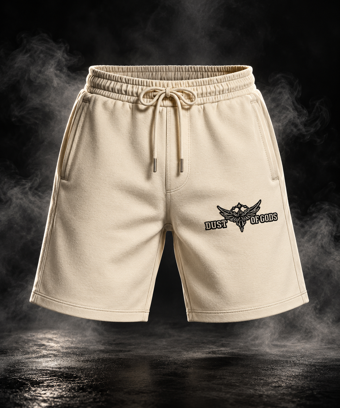 DUST OF GODS Originals off-white shorts front view with embroidered logo