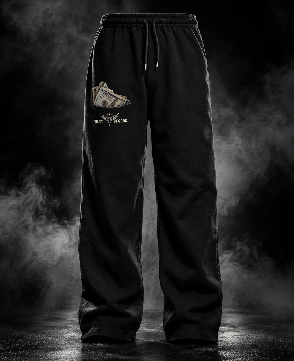 DUSTOFGODS black sweatpants front view with printed money pocket graphic