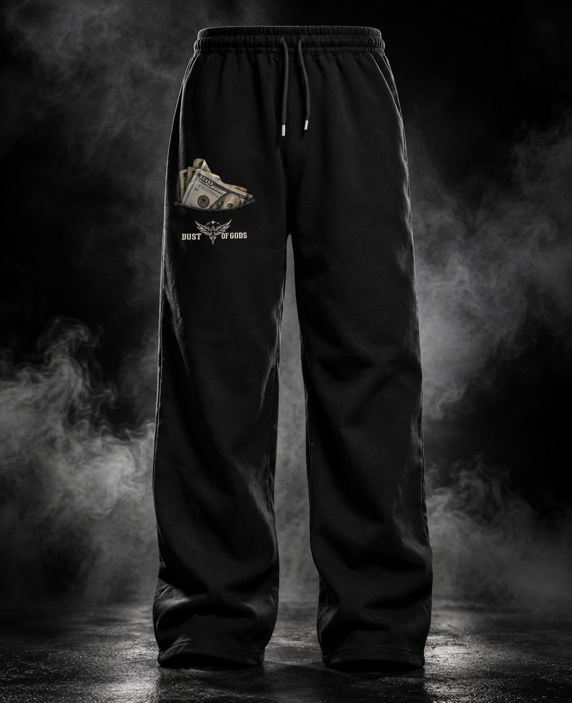 DUSTOFGODS black sweatpants front view with printed money pocket graphic