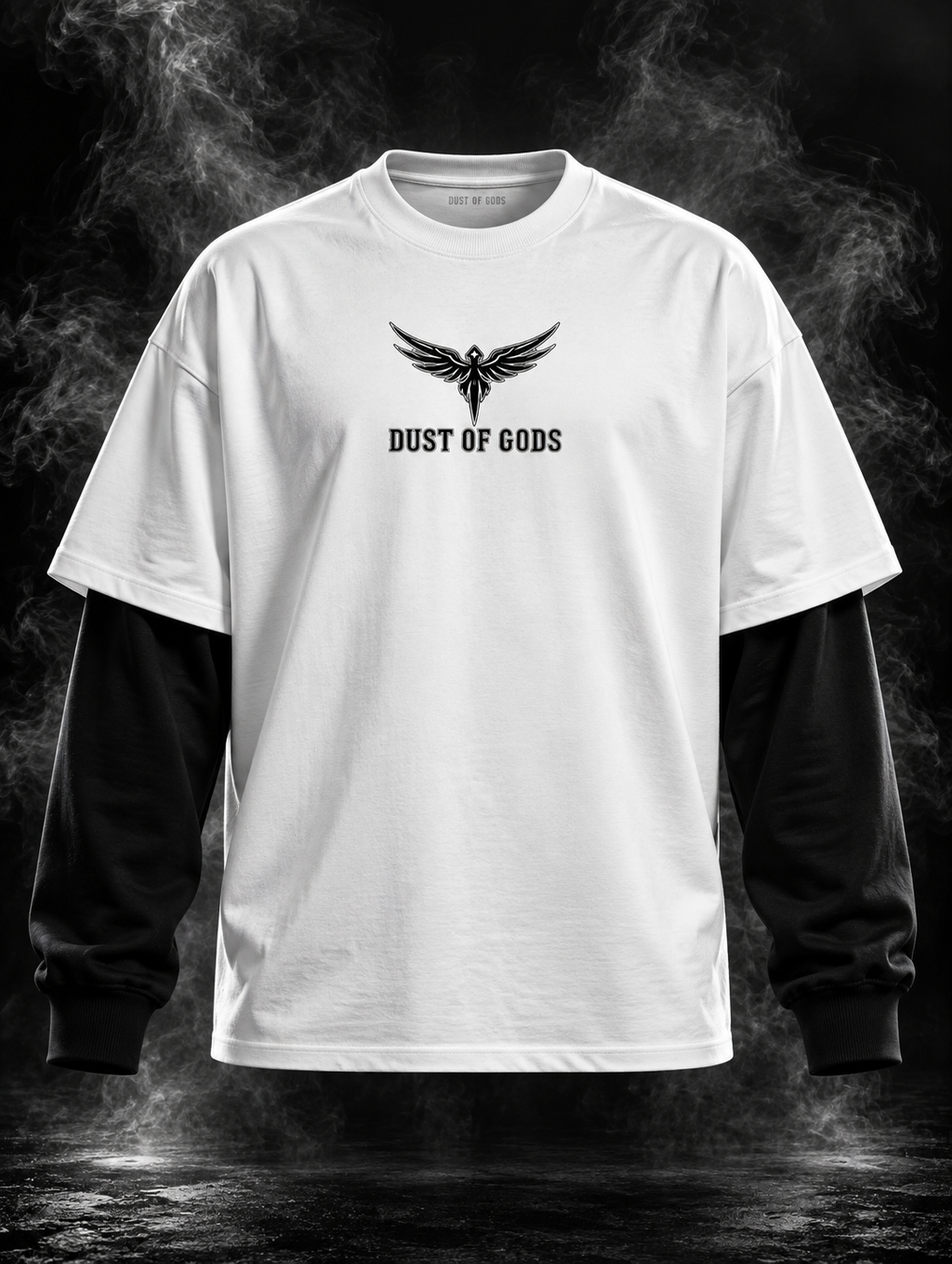 Back view of DUST OF GODS Don't Be A D#ck white and black oversized doctor sleeve unisex T-shirt with bold statement typography