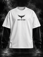 Back view of DUST OF GODS Don't Be A D#ck white and black oversized doctor sleeve unisex T-shirt with bold statement typography