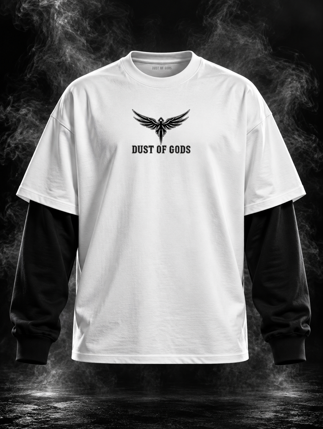 Back view of DUST OF GODS Don't Be A D#ck white and black oversized doctor sleeve unisex T-shirt with bold statement typography