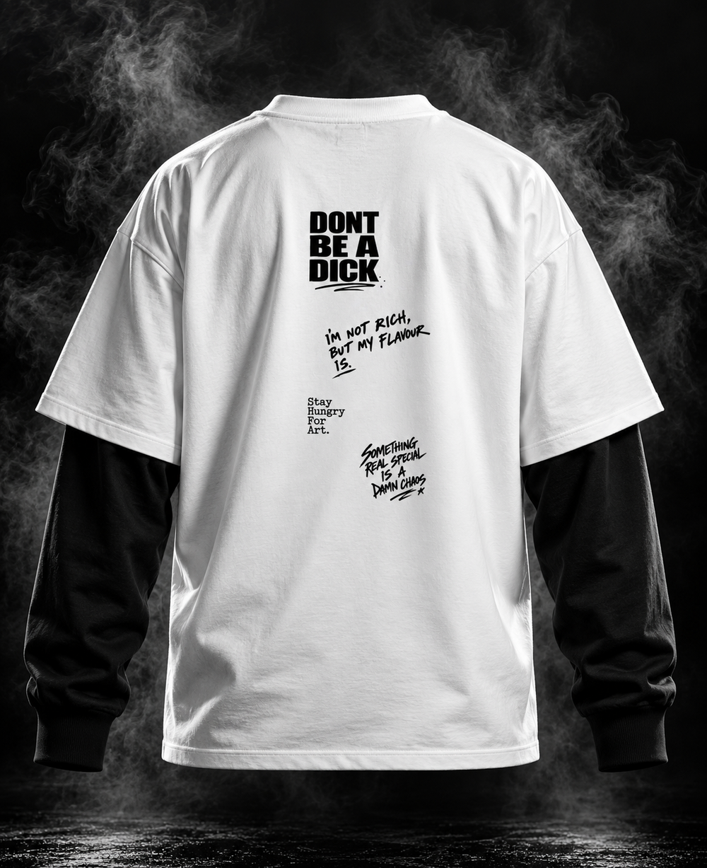 DUST OF GODS Don't Be A D#ck white and black oversized doctor sleeve unisex T-shirt front with winged emblem