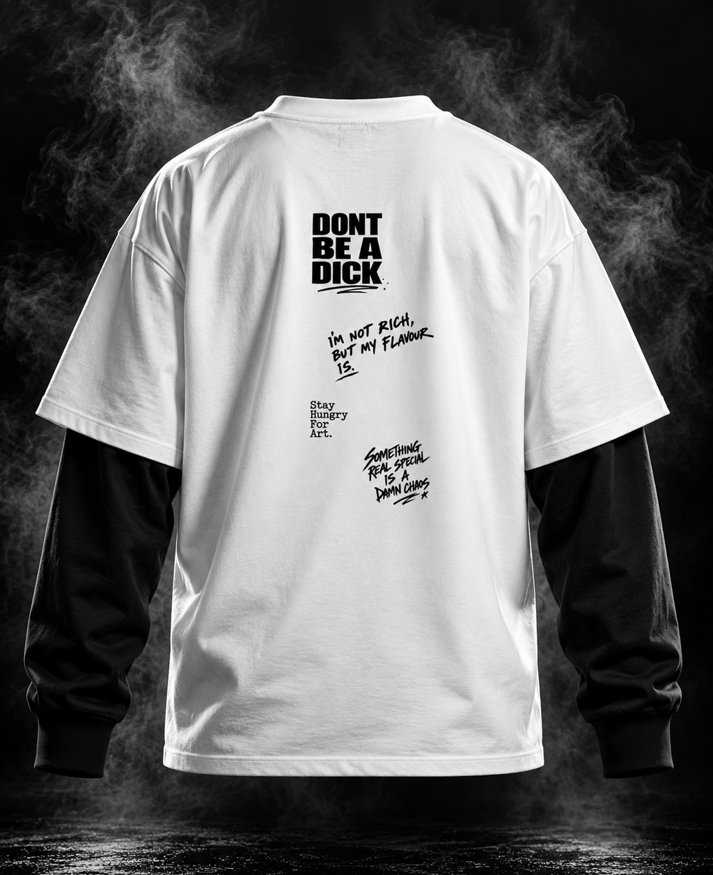 DUST OF GODS Don't Be A D#ck white and black oversized doctor sleeve unisex T-shirt front with winged emblem