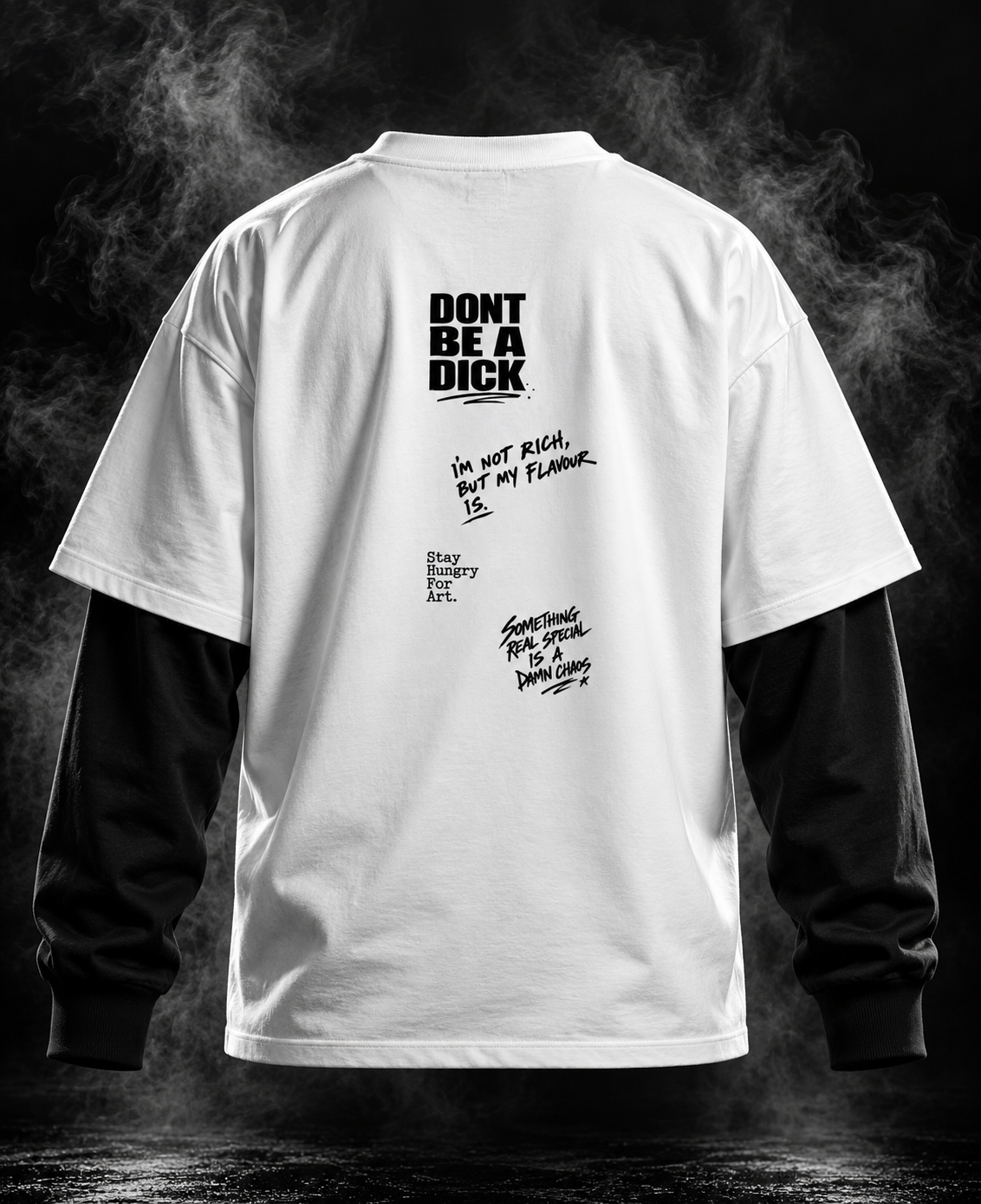 DUST OF GODS Don't Be A D#ck white and black oversized doctor sleeve unisex T-shirt front with winged emblem