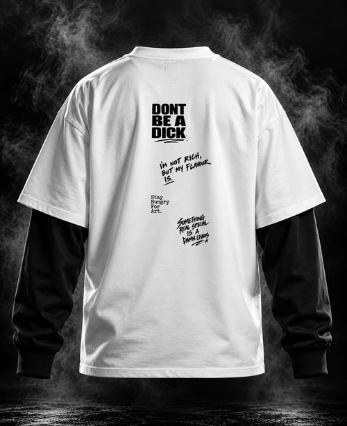 DUST OF GODS Don't Be A D#ck white and black oversized doctor sleeve unisex T-shirt front with winged emblem