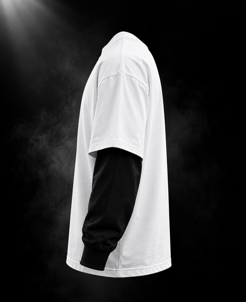 Side view of DUST OF GODS white oversized doctor sleeve unisex T-shirt with contrasting black long sleeves